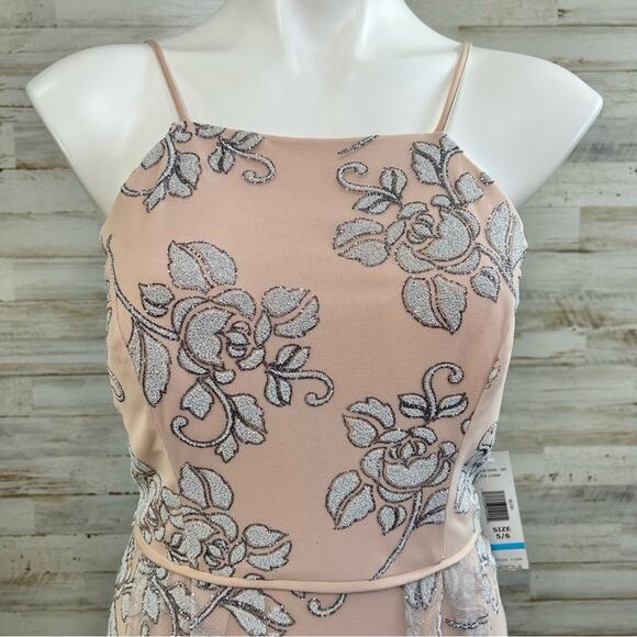 Jump Apparel Halter Tulle Glitter Maxi Dress Gown Juniors Size 5/6 Blush Floral - Picture 3 of 16